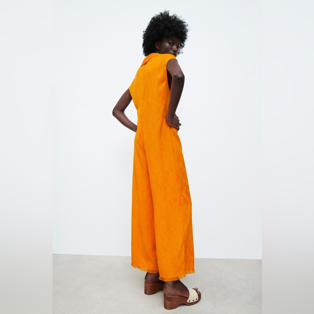 Zara modal golden textured jumpsuit raw hem - Picture 3 of 6